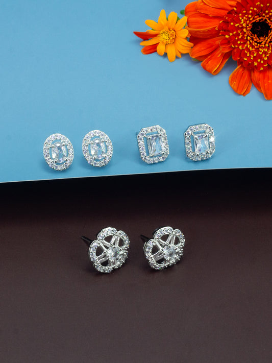 Set Of Three Rhodium Plated Geometric American Diamond Earrings