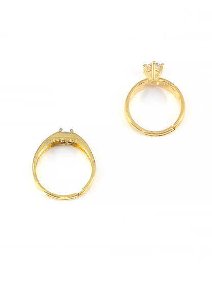 Trendy Set Of Two Gold Plated Solitaire American Diamond Adjustable Couple Rings