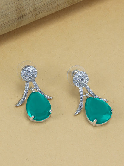 Rhodium Plated American Diamond Studded Mint Green Earrings