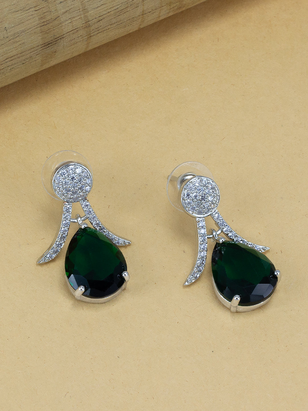 Rhodium Plated American Diamond Studded Emerald Green Earrings