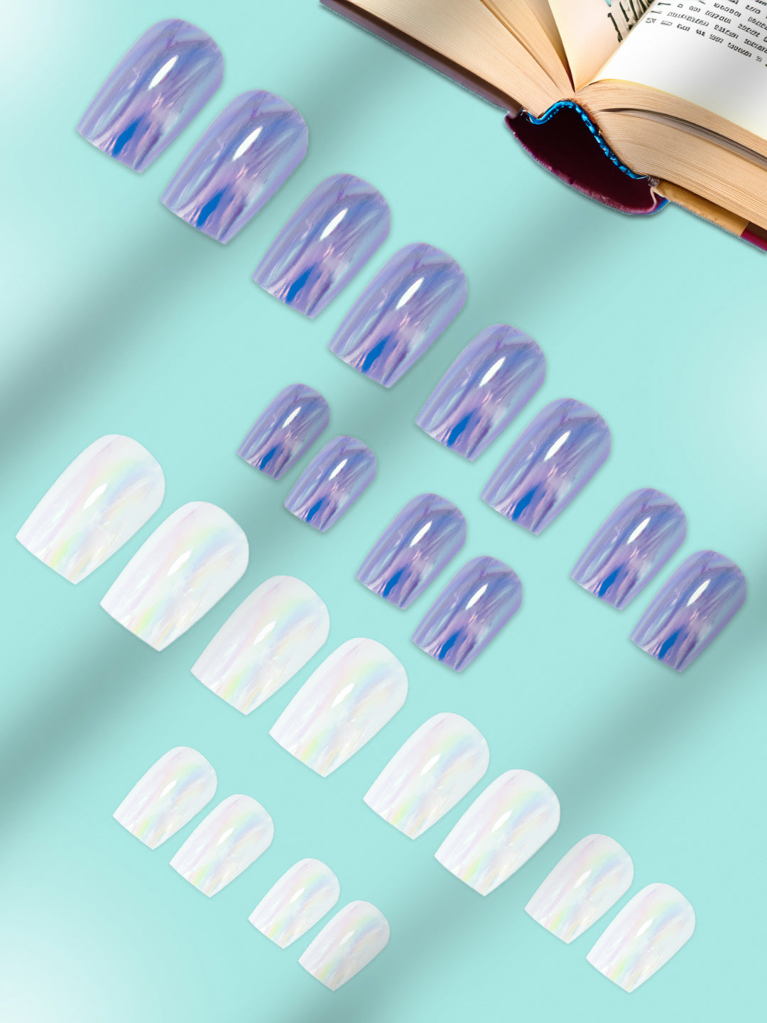 Set of 24 Blue and White Metallic Duochrome stick on nails