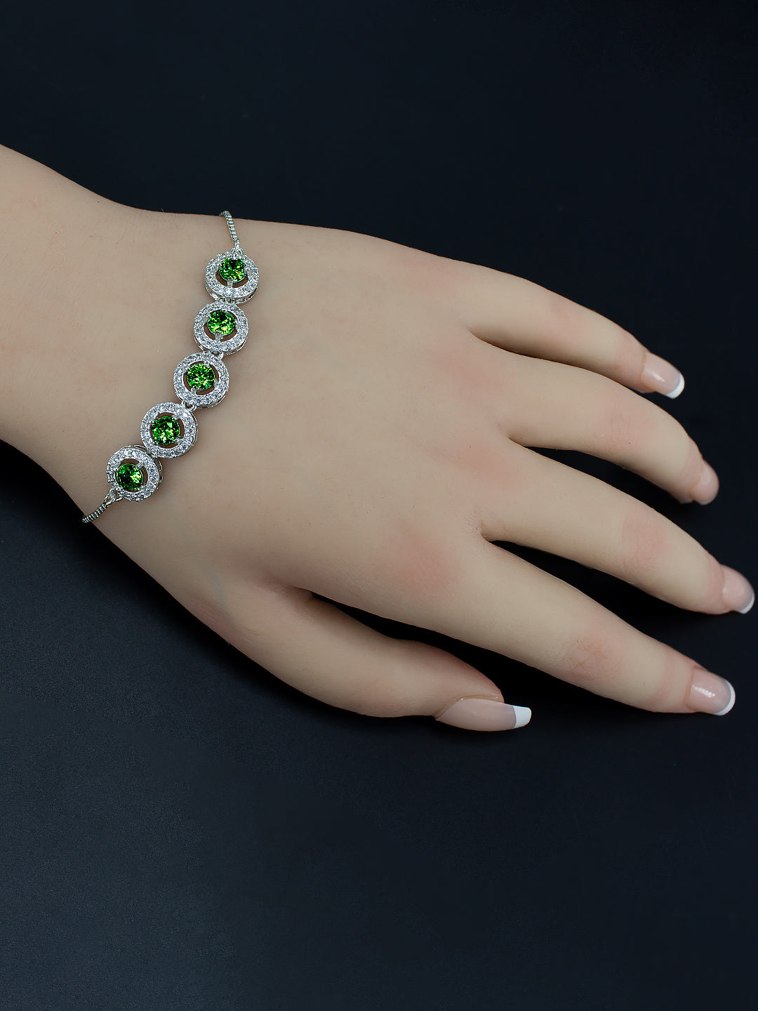 Rhodium Plated Green American Diamond Studded Wraparound Bracelet