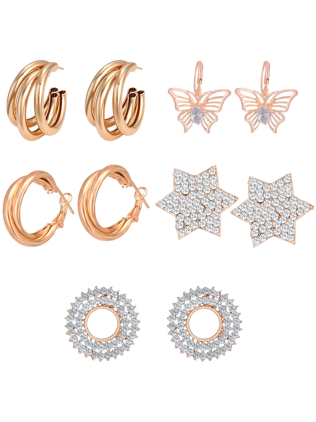 Set of 5 Rose Gold Hoops & Studs Earrings