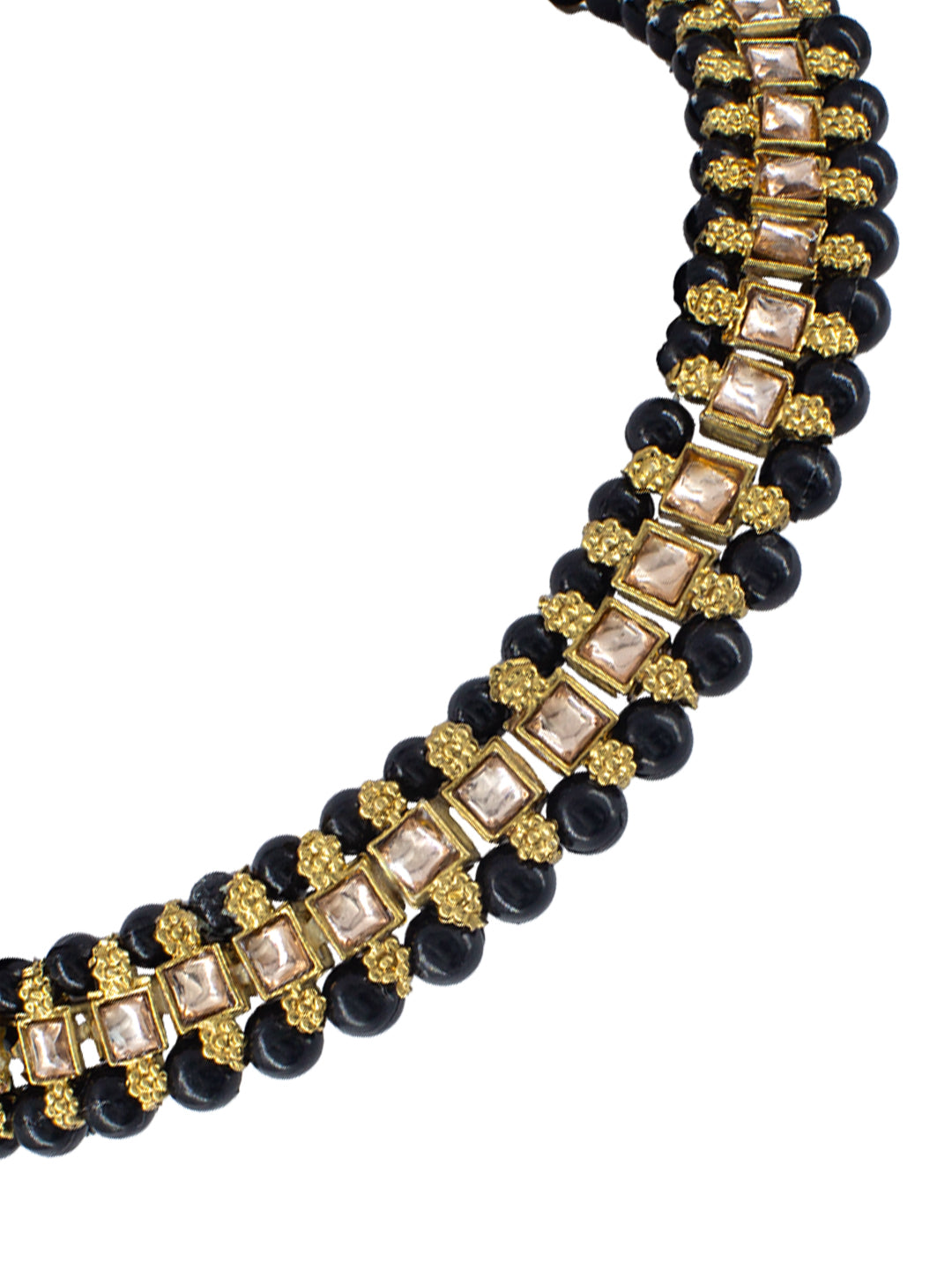 Gold-Plated Black Stone Studded & Beaded Jewellery Set With Maangtika & Adjustable Finger Ring