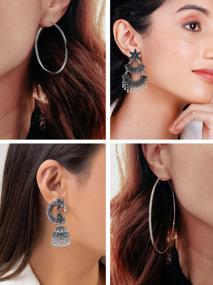 Pack of 8 Silver Oxidised Jhumka, Hoops & Studs Earrings Combo