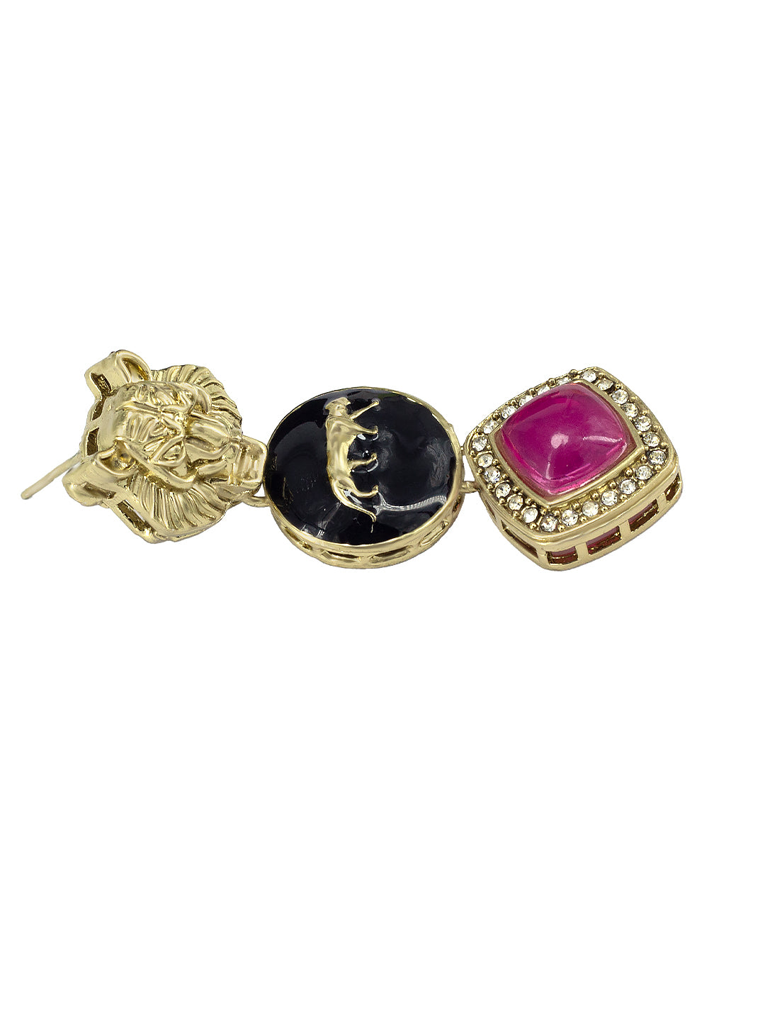 Gold Plated Pink Stone Studded Lion Shaped Drop Earrings