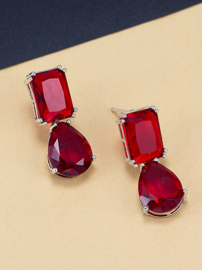 Rhodium Plated Red American Diamond Drop Earrings