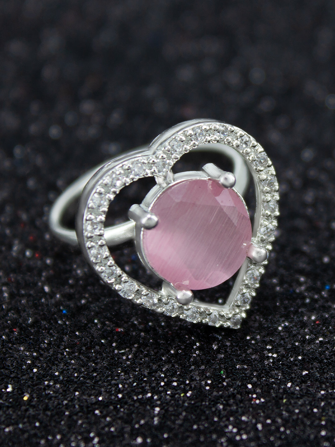 Rhodium Plated Pink Heart Shaped American Diamond Adjustable Finger Ring