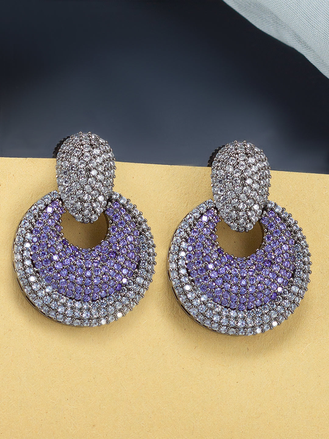 Rhodium Plated Purple American Diamond Drop Earrings