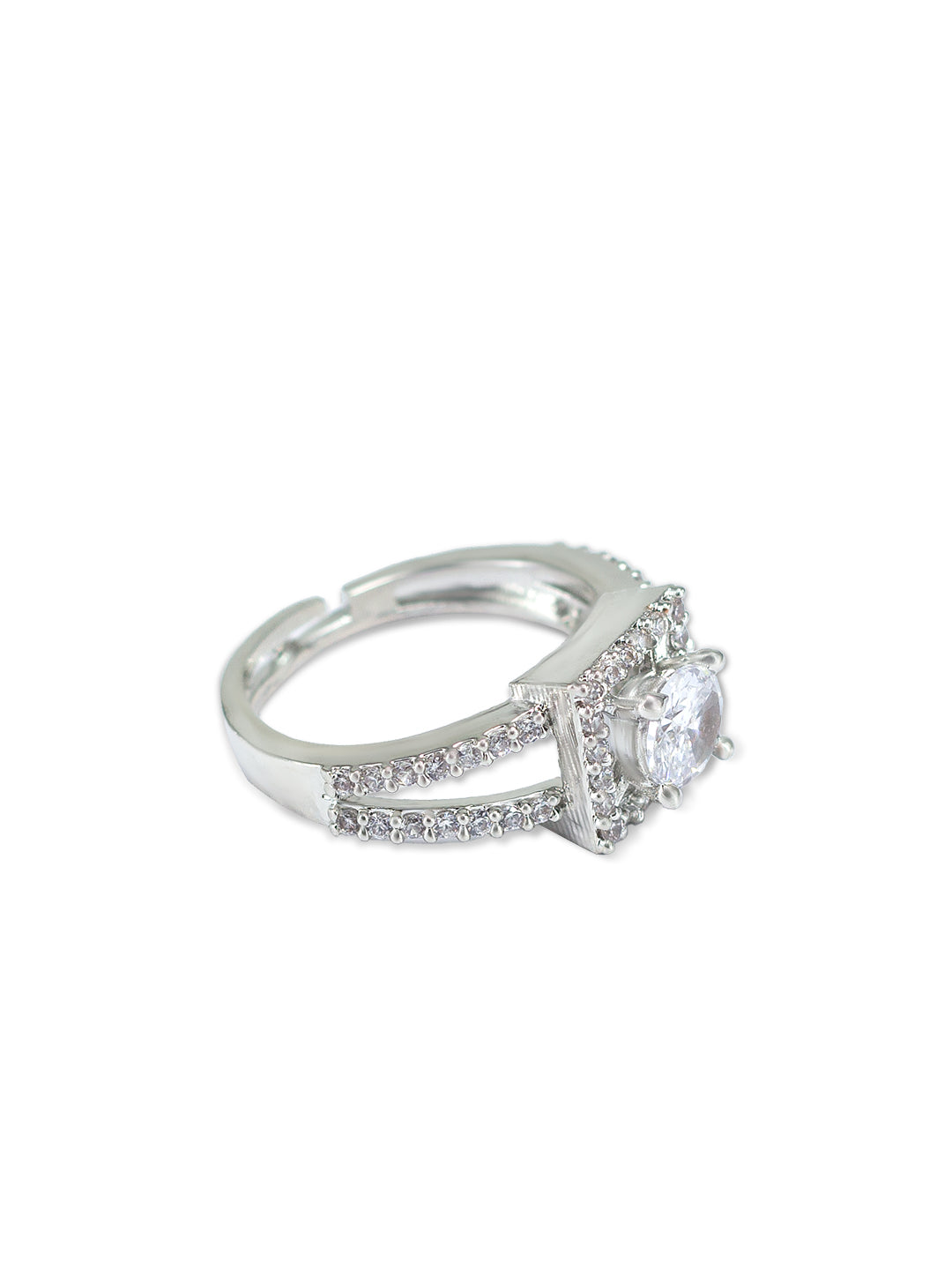 Rhodium Plated American Diamond Square Adjustable Solitaire Finger Ring