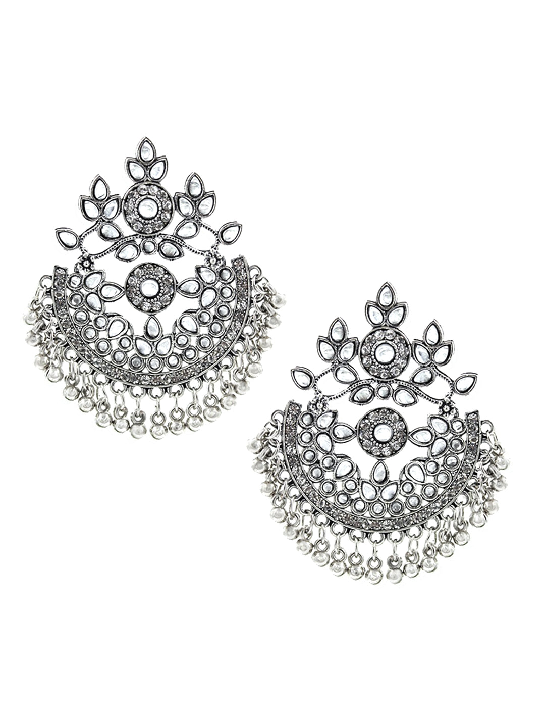 Silver-Plated Crescent Shaped Kundan Studded Drop Earrings