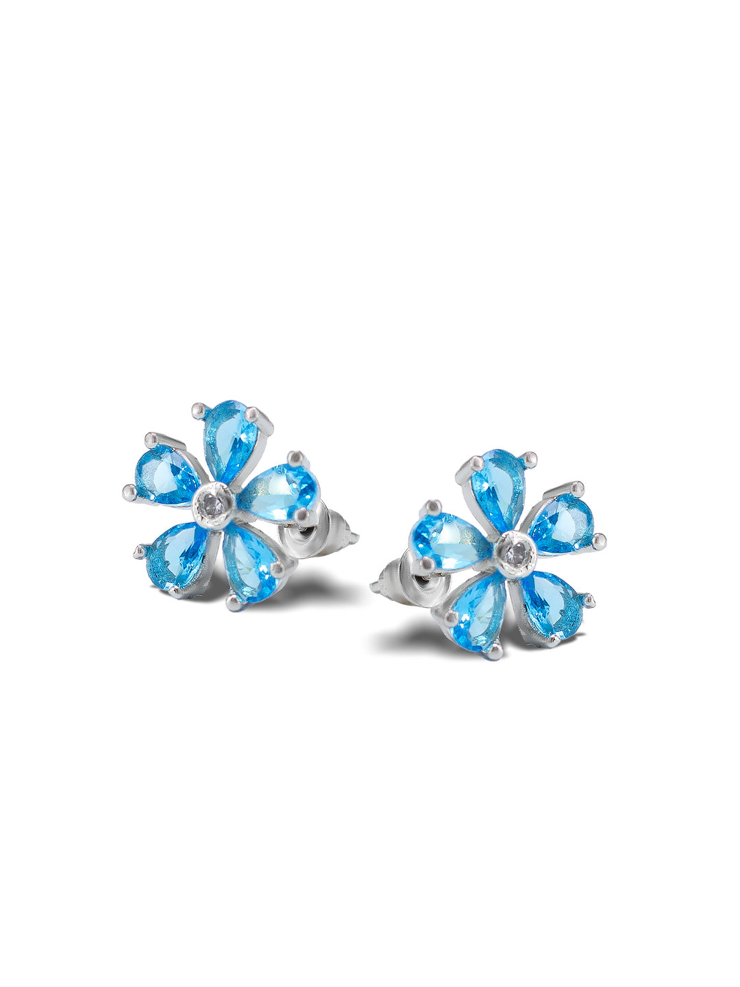 Rhodium Plated Aqua Blue Floral American Diamond Stud Earrings