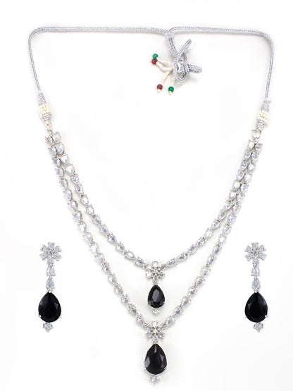 Rhodium Plated Double Layered American Dimaond Studded Jewellery Set