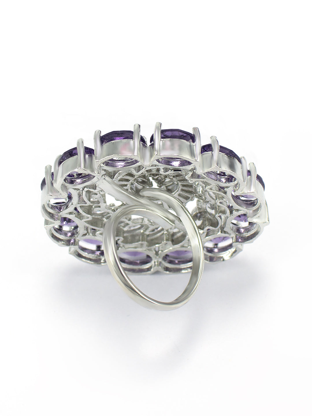 Rhodium-Plated Purple American Diamond Floral Adjustable Finger Ring