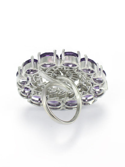 Rhodium-Plated Purple American Diamond Floral Adjustable Finger Ring