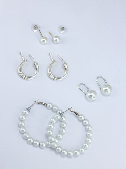 Pack of 4 Silver Plated Faux Pearl Studded Hoops & Studs Earrings