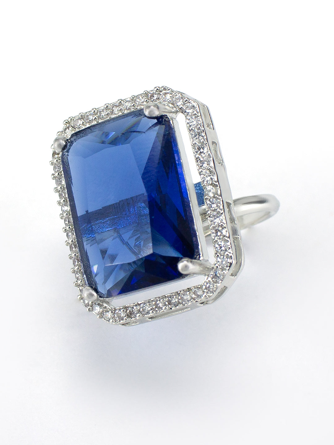 Rhodium-Plated Blue American Diamond Square Adjustable Finger Ring