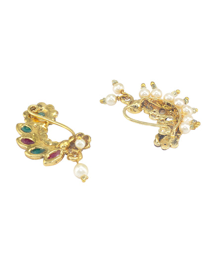 Set of 2 Gold Plated Artificial Stones & Beads Studded Non-Piercing Nosepin