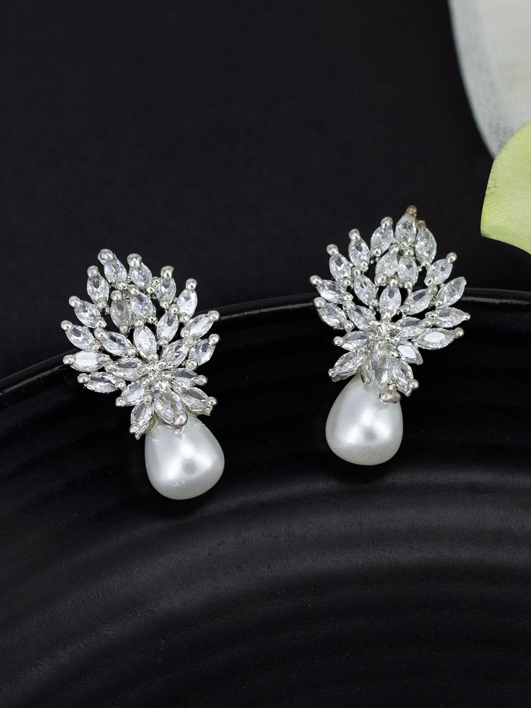 Rhodium Plated American Diamond Studded Floral Drop Earrings