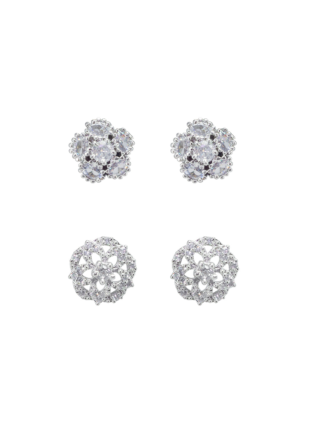 Set Of Two Rhodium Plated Floral American Diamond Earrings