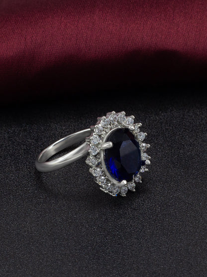 Rhodium Plated Blue American Diamond Round Shaped Adjustable Finger Ring