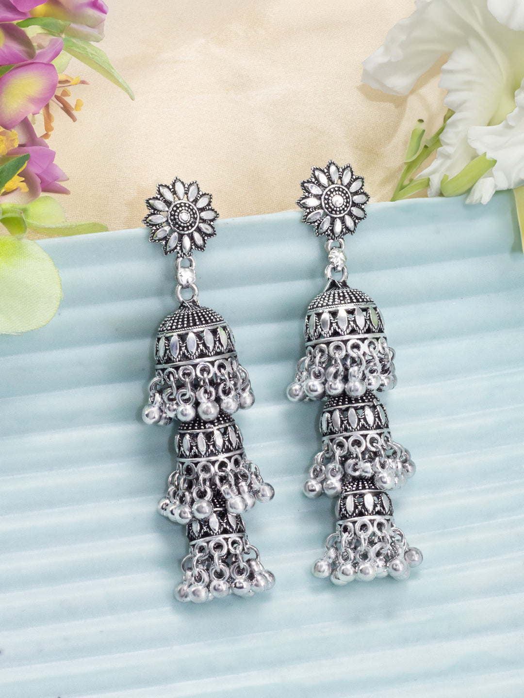 Silver Plated Floral Shaped Drop Jhumkas