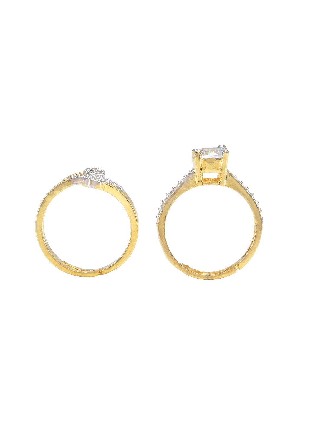 Set Of Two Gold Plated Solitaire American Diamond Trendy Adjustable Finger Rings