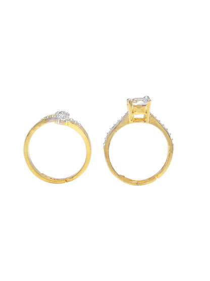 Set Of Two Gold Plated Solitaire American Diamond Trendy Adjustable Finger Rings