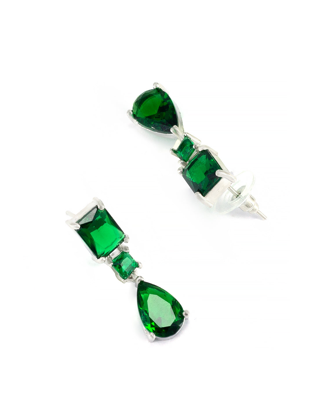 Rhodium Plated Green Teardrop Shaped American Diamond Studded Jewellery Set