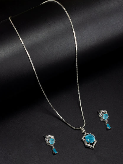 Rhodium Plated Aqua Blue American Diamond Pendant & Earrings Set