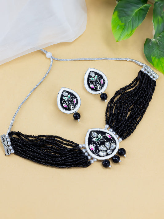 Silver Plated Black Kundan Studded & Beaded Choker Jewellery Set