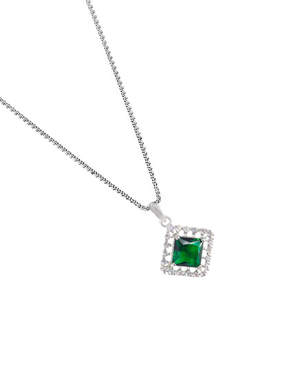 Rhodium Plated Green American Diamond Studded Pendant Set With Ring