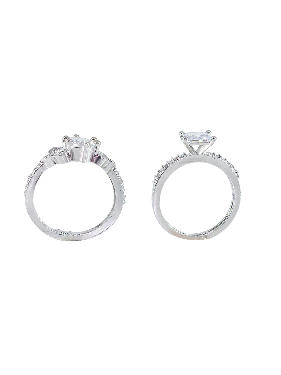 Set Of Two Rhodium Plated Solitaire American Diamond Trendy Adjustable Finger Rings