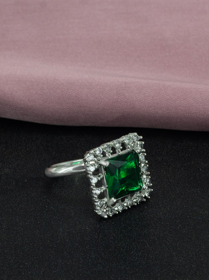 Rhodium Plated Green American Diamond Square Adjustable Finger Ring