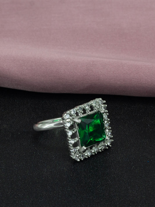 Rhodium Plated Green American Diamond Square Adjustable Finger Ring