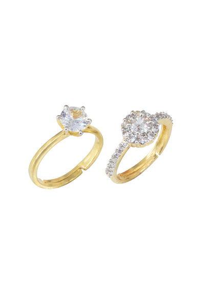 Set Of Two Gold Plated Solitaire American Diamond Trendy Adjustable Finger Rings