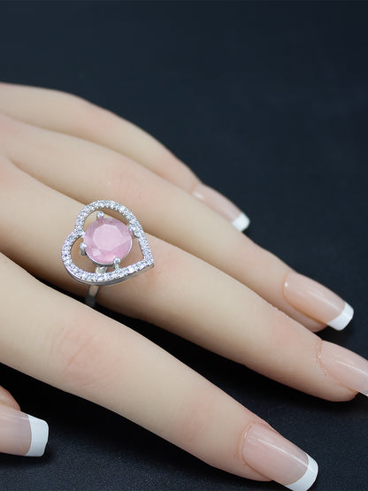 Rhodium Plated Pink Heart Shaped American Diamond Adjustable Finger Ring