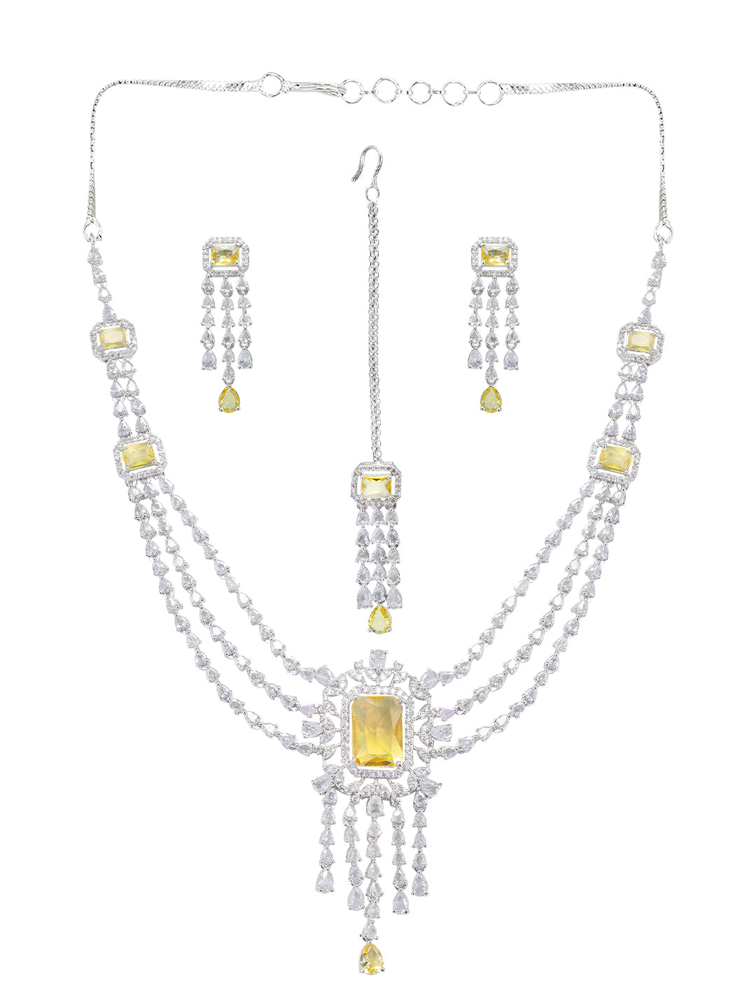 Rhodium Plated Yellow Three Layered AD Bridal Jewellery Set