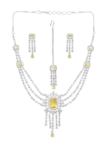 Rhodium Plated Yellow Three Layered AD Bridal Jewellery Set