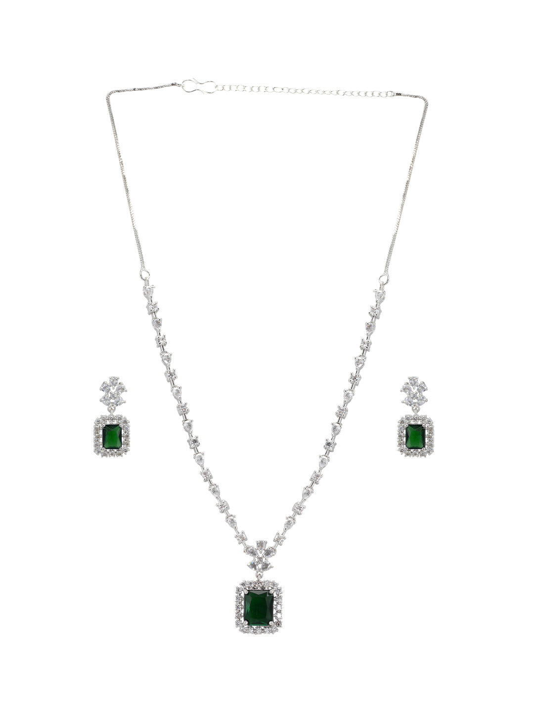 Green Rhodium-Plated American Diamond Studded Jewellery Set