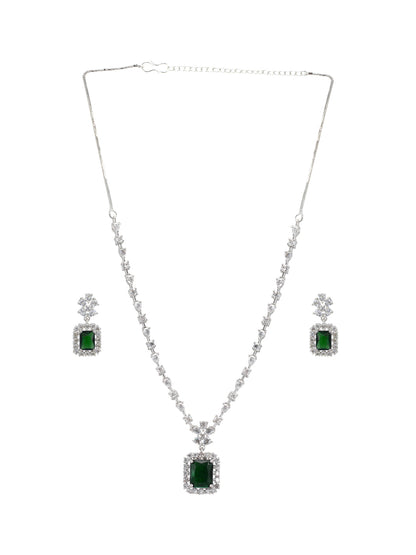 Green Rhodium-Plated American Diamond Studded Jewellery Set