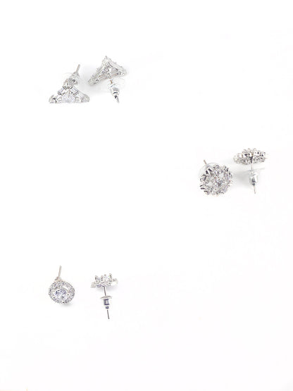 Set Of Three Rhodium Plated Geometric American Diamond Earrings