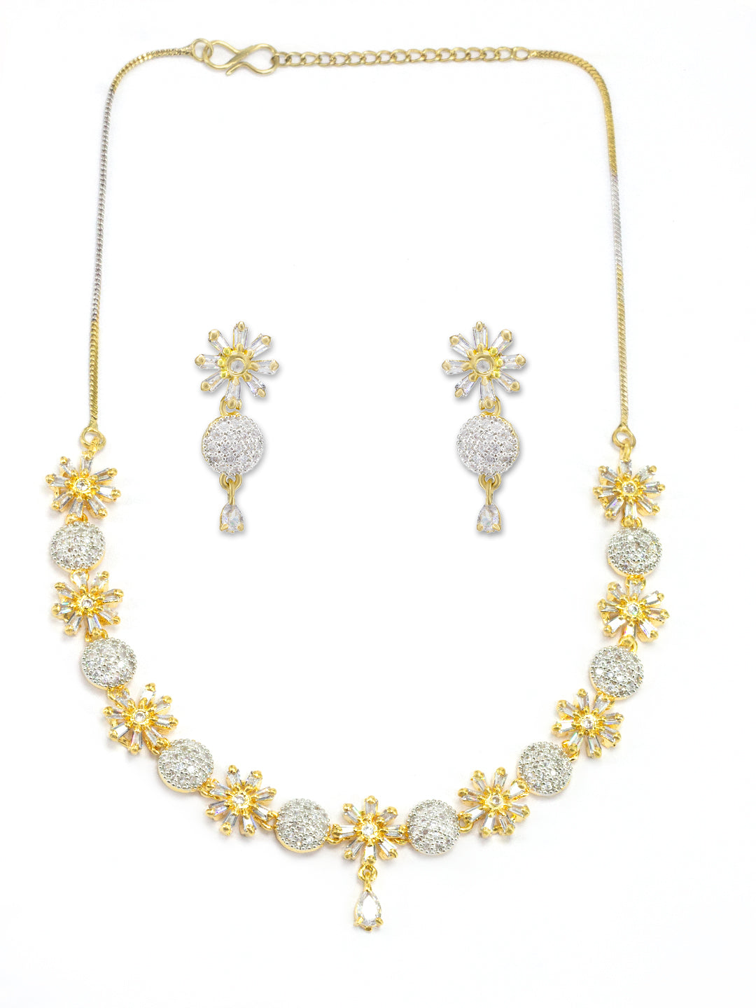 Gold Plated Floral American Diamond Studded Jewellery Set