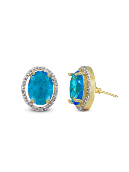 Gold Plated Aqua Blue American Diamond Stud Earrings