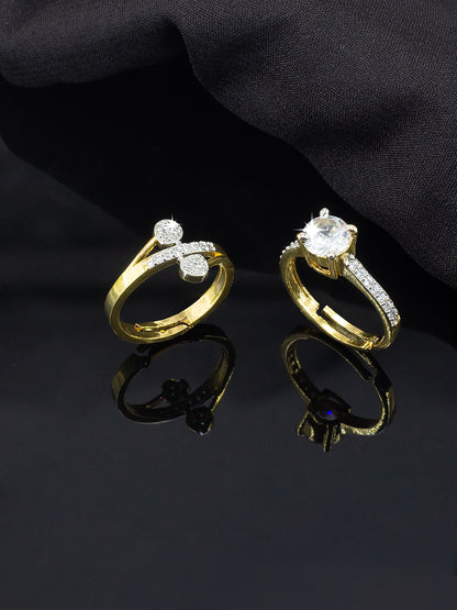 Set Of Two Gold Plated Solitaire American Diamond Trendy Adjustable Finger Rings