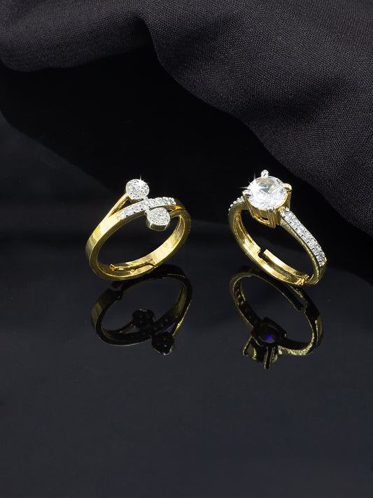 Set Of Two Gold Plated Solitaire American Diamond Trendy Adjustable Finger Rings