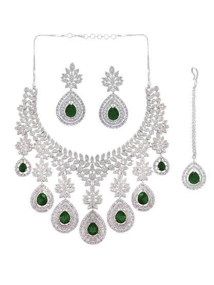 Rhodium Plated Green American Diamond Teardrop Jewellery Set