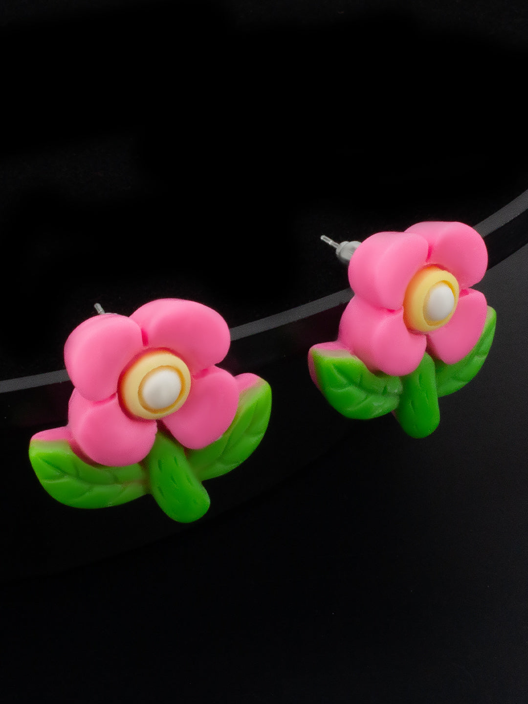 Pink Metal Floral Studs Earrings