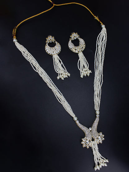 Gold Plated Kundan & Beaded Layered Long Necklace & Earrings