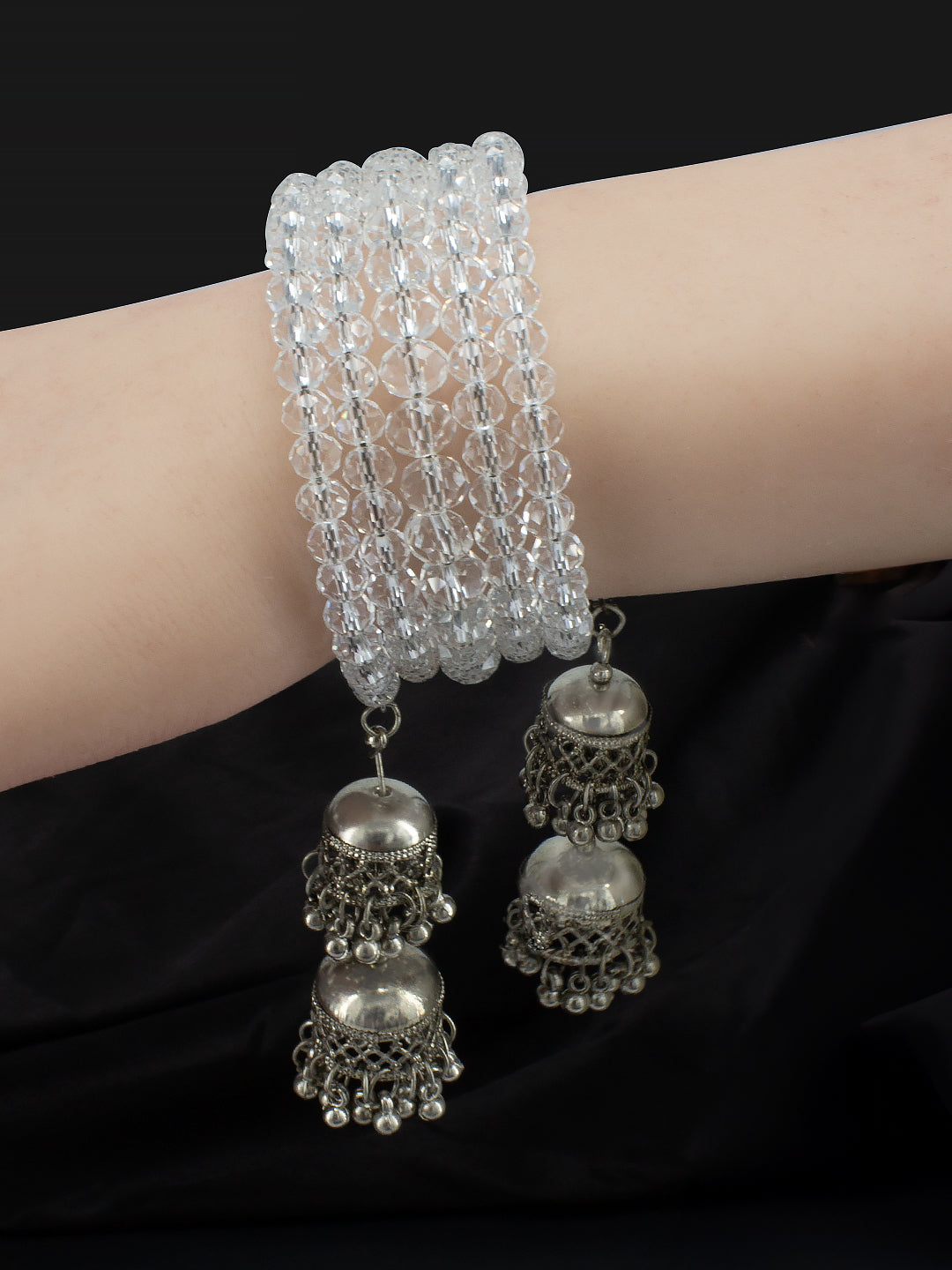 Silver Oxidised White Beaded Two Layered Jhumka Wraparound Bracelet